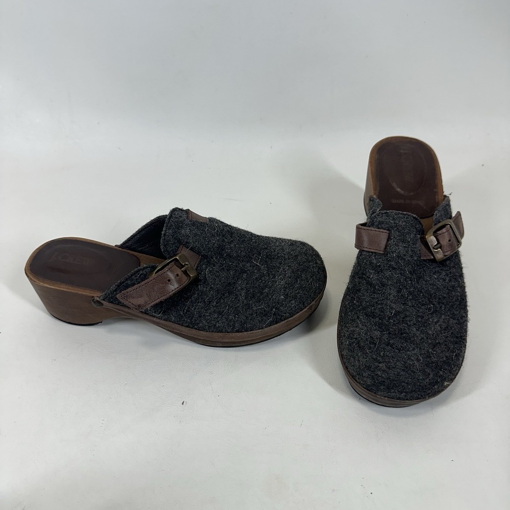 J Crew‎ Wood Clogs Mules Wool Buckle Women's Size 6 M Slide Shoes Gray